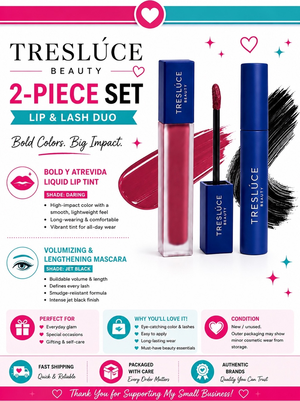 Treslúce Beauty 2-Piece Set Bold y Atrevida Lip Tint Daring + Mascara Jet Black